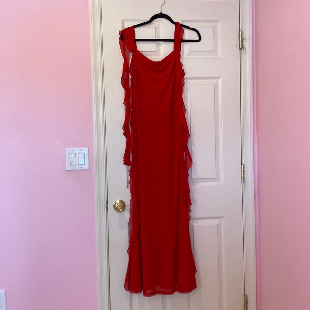 Red mesh ruffle hem maxi dress Cider